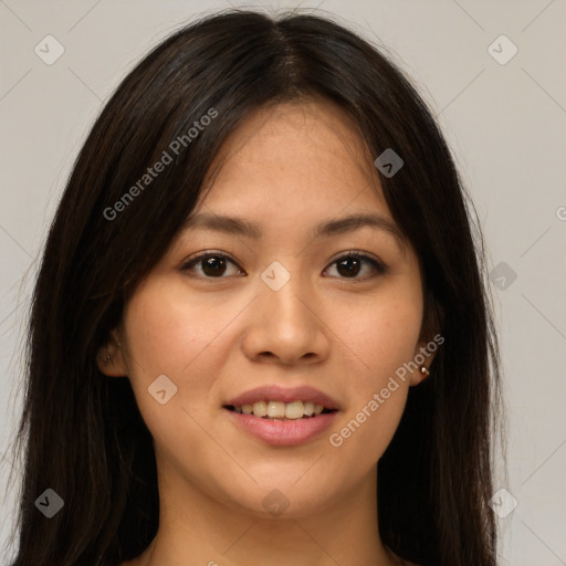 Joyful white young-adult female with long  brown hair and brown eyes