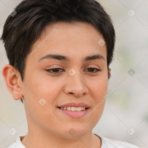 Joyful white young-adult female with short  brown hair and brown eyes