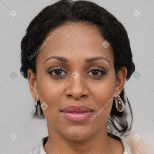 Joyful latino young-adult female with short  brown hair and brown eyes