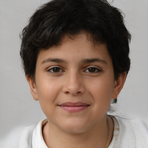 Joyful white child female with short  brown hair and brown eyes