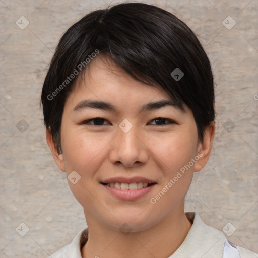 Joyful asian young-adult female with short  brown hair and brown eyes