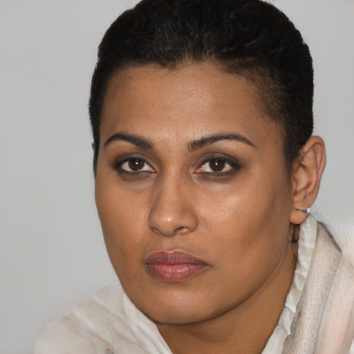 Neutral black young-adult female with short  brown hair and brown eyes