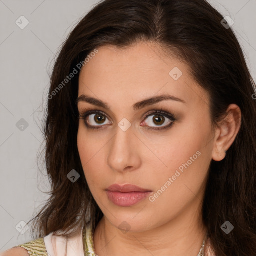 Neutral white young-adult female with long  brown hair and brown eyes