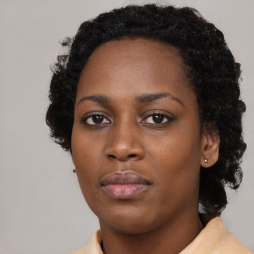 Neutral black young-adult female with medium  black hair and brown eyes