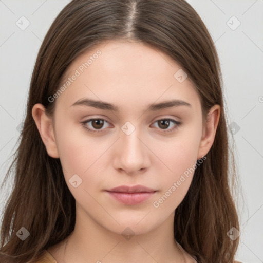 Neutral white young-adult female with long  brown hair and brown eyes