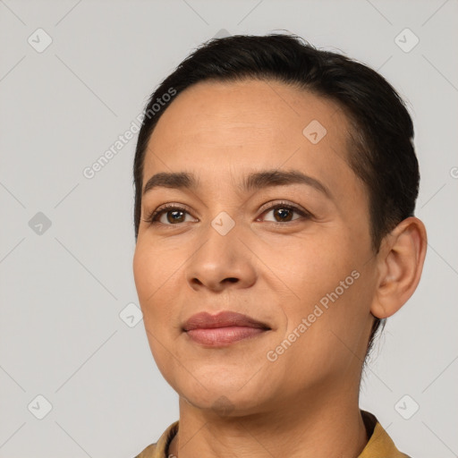 Joyful white young-adult female with short  black hair and brown eyes