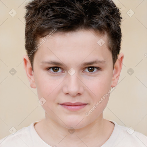 Joyful white child male with short  brown hair and brown eyes