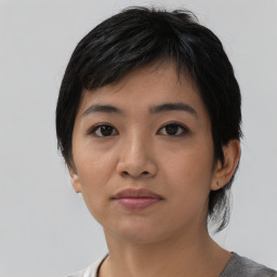 Neutral asian young-adult female with short  black hair and brown eyes