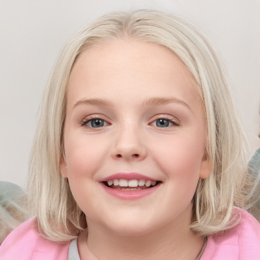 Joyful white child female with medium  brown hair and blue eyes