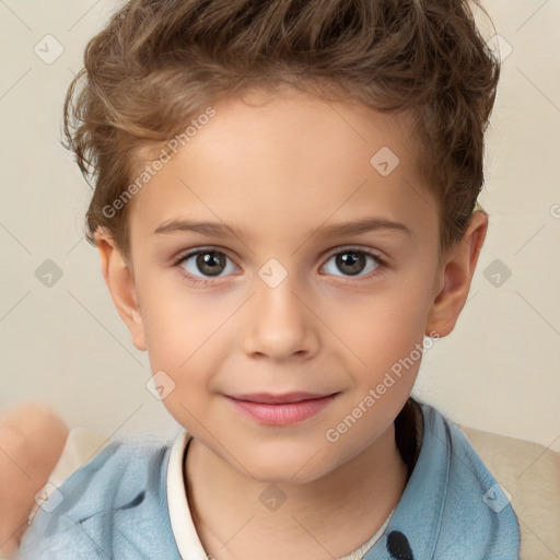 Joyful white child female with short  brown hair and brown eyes