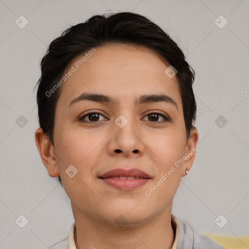 Joyful white young-adult female with short  brown hair and brown eyes