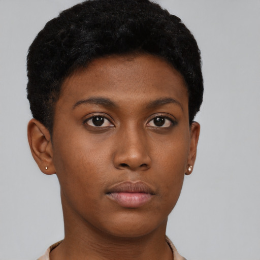 Neutral black young-adult female with short  brown hair and brown eyes
