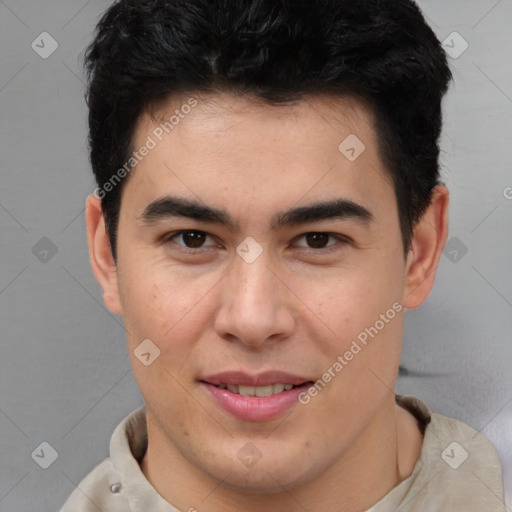 Joyful latino young-adult male with short  brown hair and brown eyes