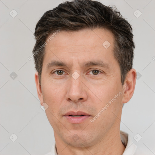 Neutral white adult male with short  brown hair and brown eyes