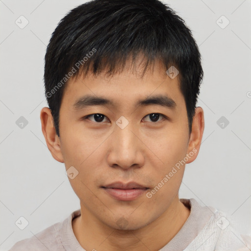 Neutral asian young-adult male with short  black hair and brown eyes