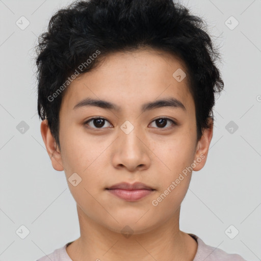 Neutral asian young-adult female with short  black hair and brown eyes