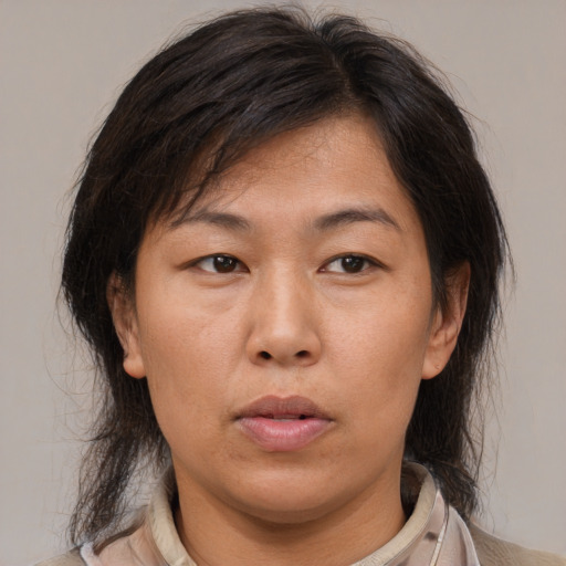 Neutral asian young-adult female with medium  brown hair and brown eyes
