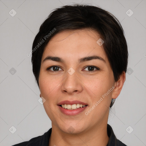 Joyful white young-adult female with short  brown hair and brown eyes