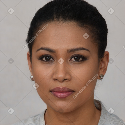 Joyful latino young-adult female with short  brown hair and brown eyes