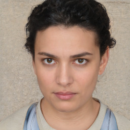 Neutral white young-adult female with short  brown hair and brown eyes