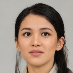 Neutral asian young-adult female with medium  brown hair and brown eyes