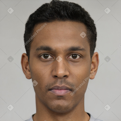 Neutral latino young-adult male with short  black hair and brown eyes