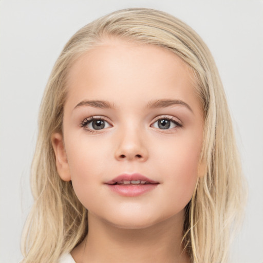 Neutral white child female with medium  brown hair and blue eyes