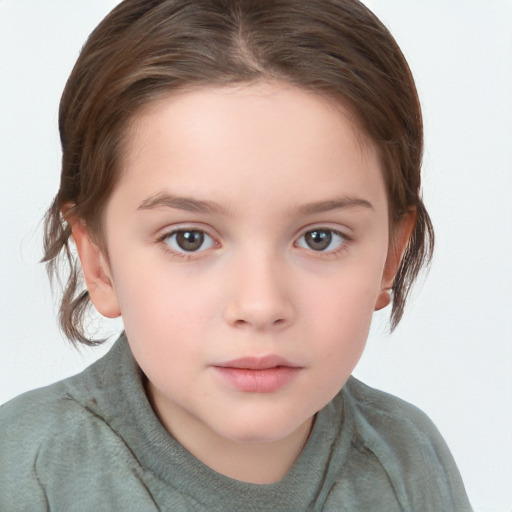 Neutral white child female with medium  brown hair and grey eyes