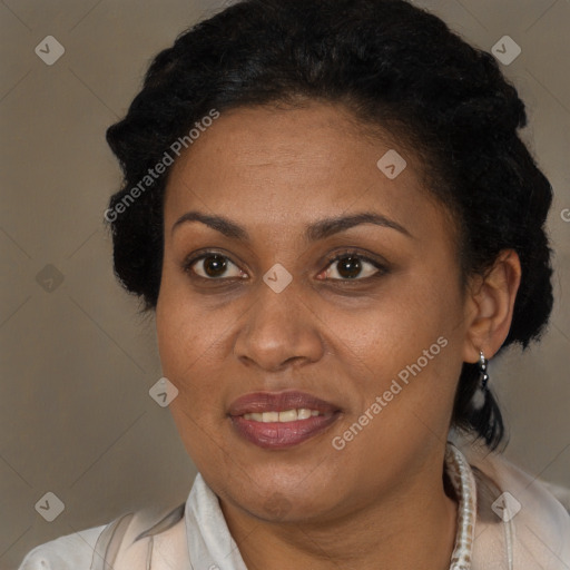 Joyful latino adult female with short  brown hair and brown eyes