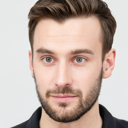 Neutral white young-adult male with short  brown hair and grey eyes