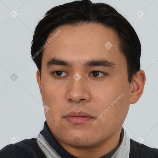 Neutral asian young-adult male with short  black hair and brown eyes