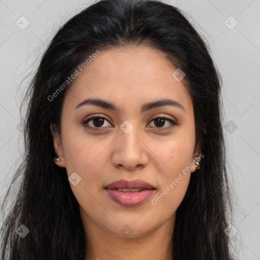 Joyful latino young-adult female with long  brown hair and brown eyes