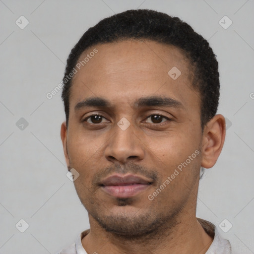 Neutral latino young-adult male with short  black hair and brown eyes