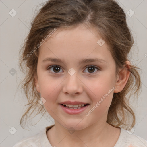 Joyful white child female with medium  brown hair and brown eyes