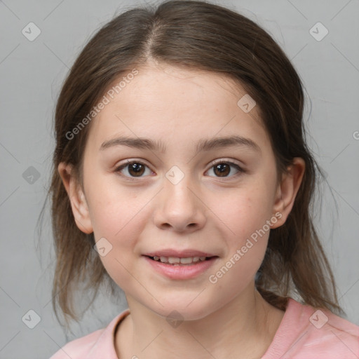 Joyful white child female with medium  brown hair and brown eyes