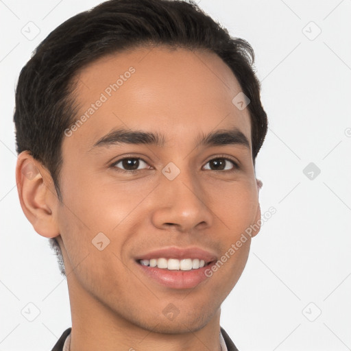 Joyful latino young-adult male with short  brown hair and brown eyes