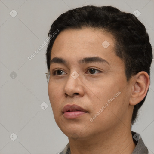 Neutral white young-adult male with short  black hair and brown eyes