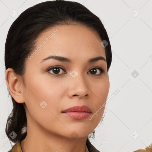 Neutral white young-adult female with short  brown hair and brown eyes