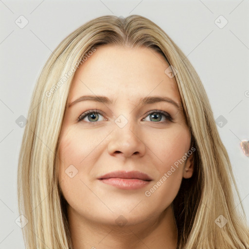 Neutral white young-adult female with long  brown hair and brown eyes