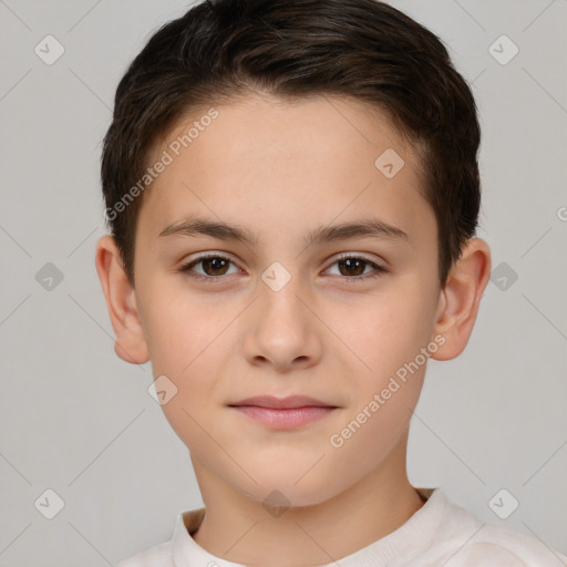 Joyful white child female with short  brown hair and brown eyes