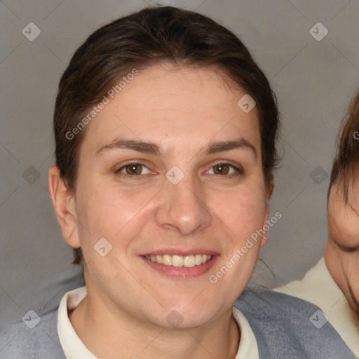 Joyful white young-adult female with short  brown hair and brown eyes