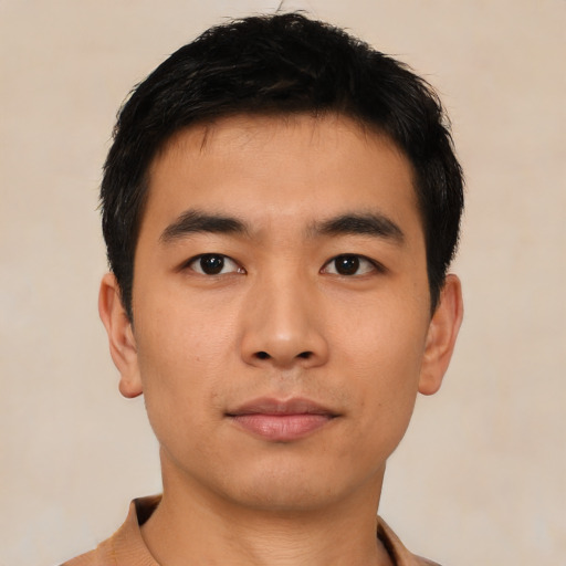 Neutral asian young-adult male with short  black hair and brown eyes