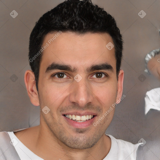 Joyful white young-adult male with short  brown hair and brown eyes