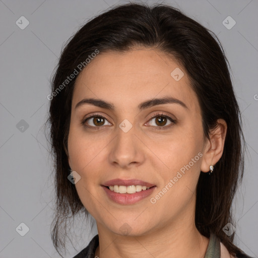 Joyful white young-adult female with medium  brown hair and brown eyes