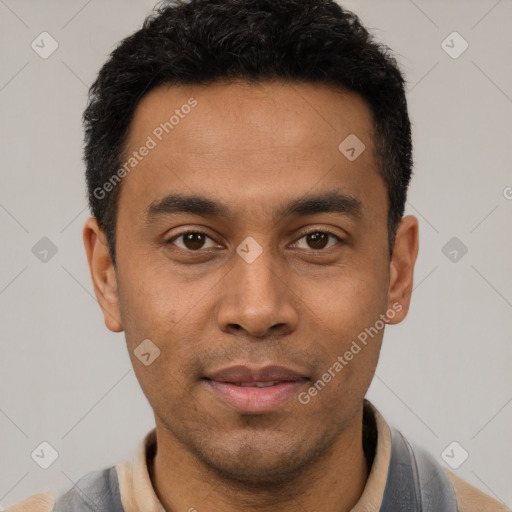 Neutral latino young-adult male with short  black hair and brown eyes