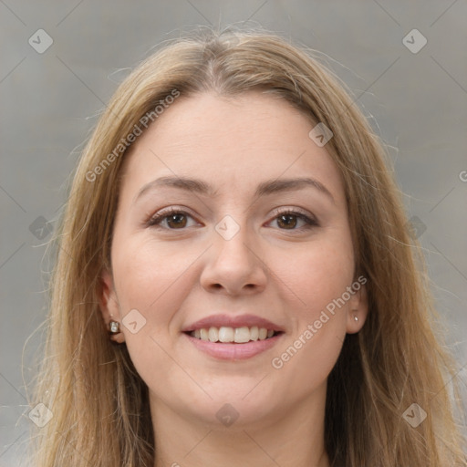 Joyful white young-adult female with long  brown hair and brown eyes