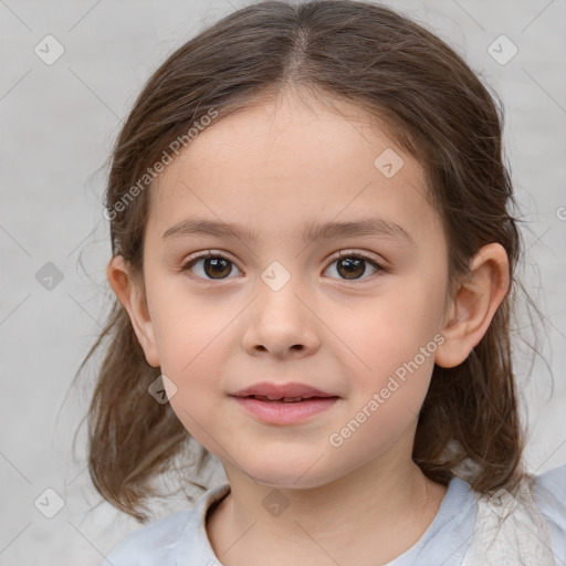 Joyful white child female with medium  brown hair and brown eyes