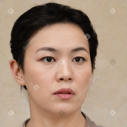 Neutral asian young-adult female with short  black hair and brown eyes