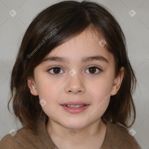 Joyful white child female with medium  brown hair and brown eyes