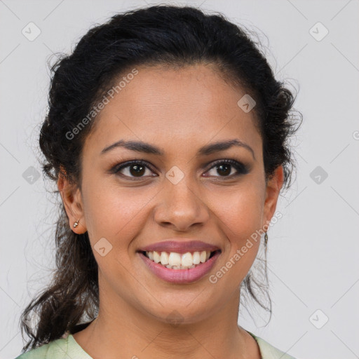 Joyful latino young-adult female with medium  brown hair and brown eyes